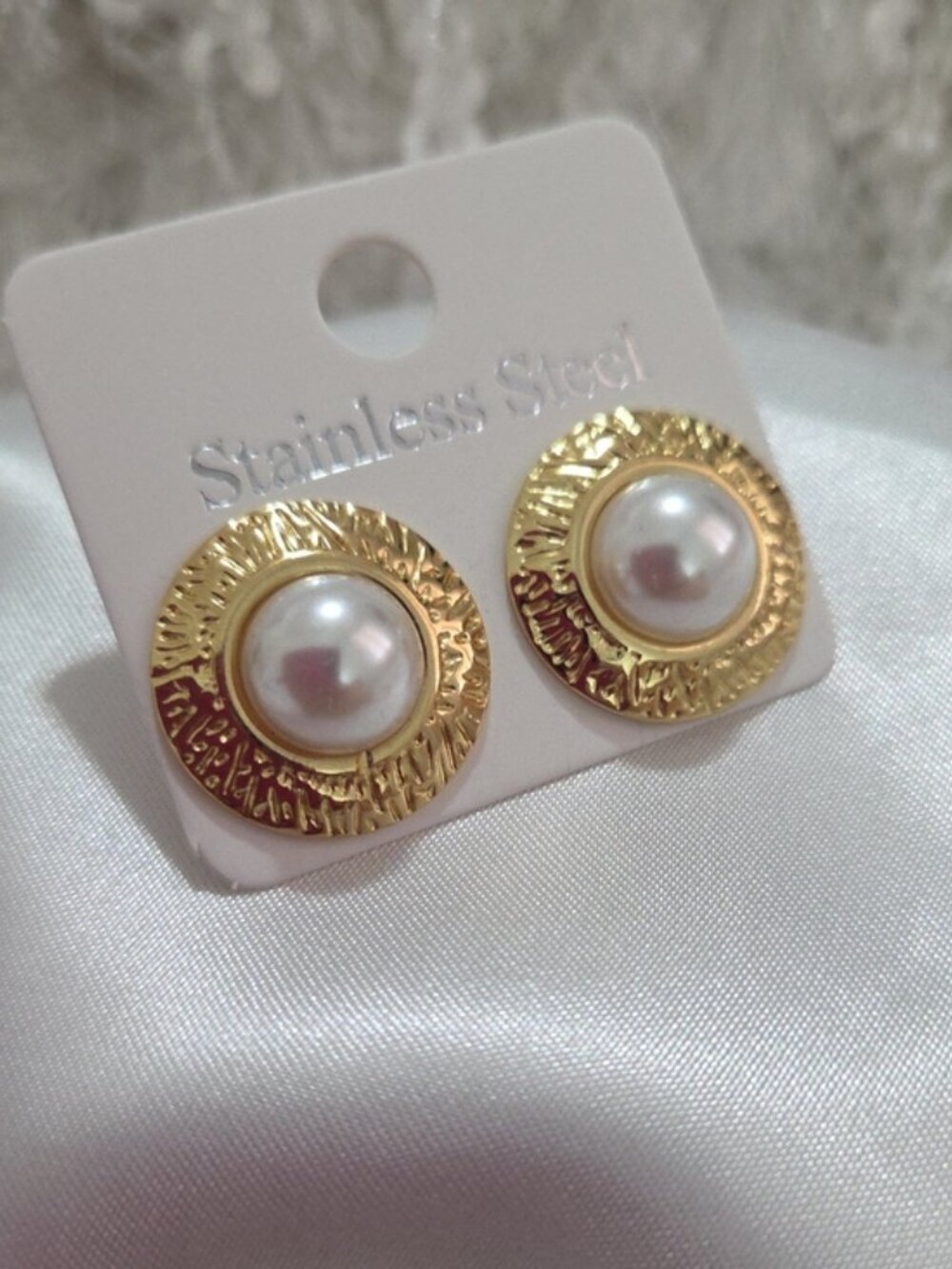 Stainless Steel Gold Pearl Button Earrings